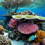 **Vibrant coral reef ecosystem in the Marshall Islands, teeming with colorful fish and diverse marine life. Focus on the biodiversity and unique coral formations, showcasing a healthy "rainforest of the sea."**