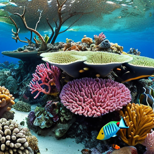 **Vibrant coral reef ecosystem in the Marshall Islands, teeming with colorful fish and diverse marine life. Focus on the biodiversity and unique coral formations, showcasing a healthy "rainforest of the sea."**