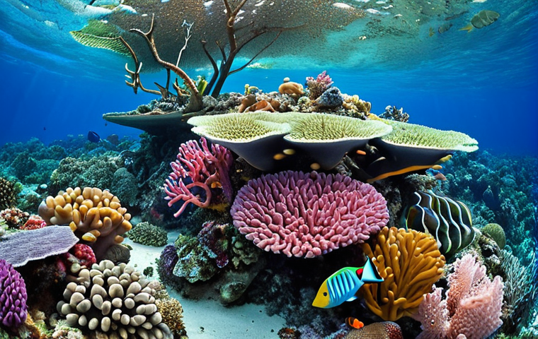 **Vibrant coral reef ecosystem in the Marshall Islands, teeming with colorful fish and diverse marine life. Focus on the biodiversity and unique coral formations, showcasing a healthy "rainforest of the sea."**