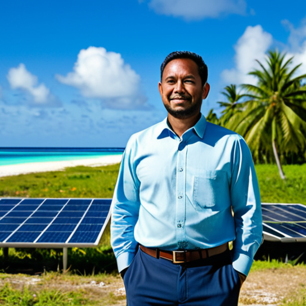 A professional male renewable energy engineer in a modest business casual shirt and trousers, standing on a sun-drenched Marshall Islands atoll. In the background, modern solar panels are neatly installed, contrasting with the pristine clear blue ocean and lush green palm trees. He is looking towards the solar panels with a thoughtful and hopeful expression, natural pose. Professional photography, vibrant colors, clear focus, high quality, fully clothed, appropriate attire, safe for work, family-friendly, perfect anatomy, correct proportions, well-formed hands, proper finger count, natural body proportions, appropriate content.