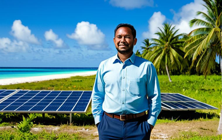 A professional male renewable energy engineer in a modest business casual shirt and trousers, standing on a sun-drenched Marshall Islands atoll. In the background, modern solar panels are neatly installed, contrasting with the pristine clear blue ocean and lush green palm trees. He is looking towards the solar panels with a thoughtful and hopeful expression, natural pose. Professional photography, vibrant colors, clear focus, high quality, fully clothed, appropriate attire, safe for work, family-friendly, perfect anatomy, correct proportions, well-formed hands, proper finger count, natural body proportions, appropriate content.