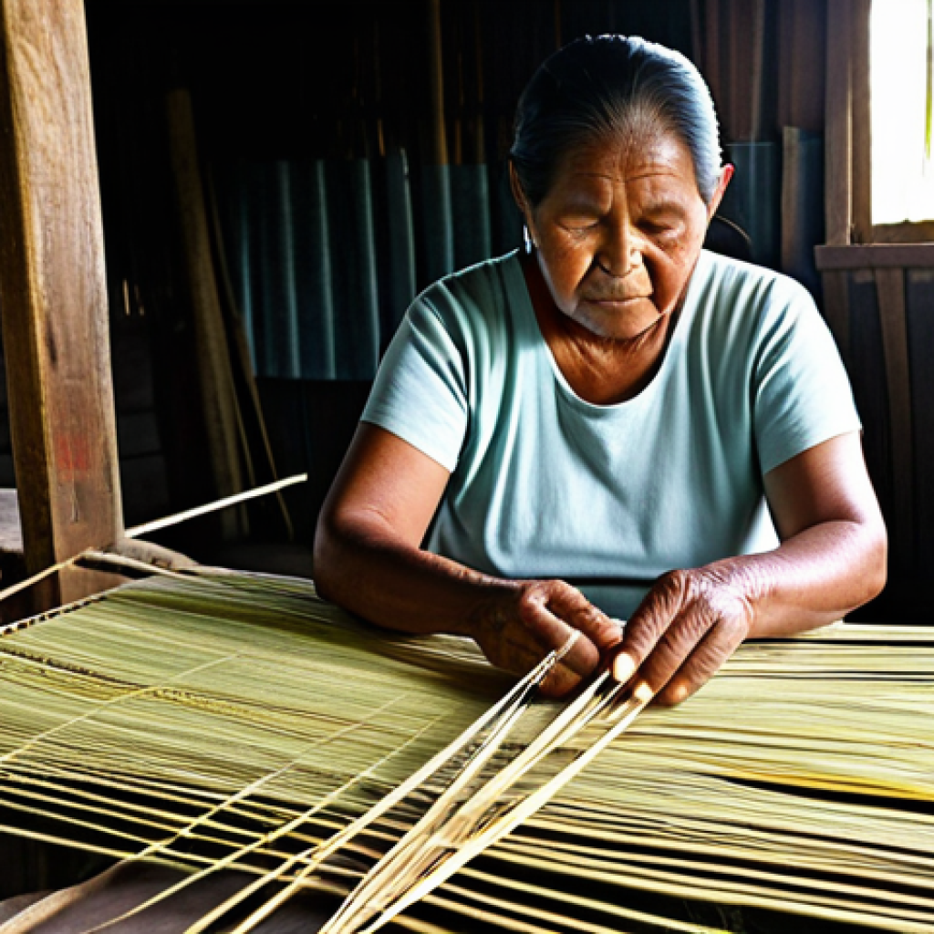 A professional photograph of an elder Marshallese woman, wearing modest, fully clothed traditional Marshallese attire (Kọọle), skillfully engaged in weaving intricate patterns on a traditional backstrap loom. Raw pandan and pineapple leaf fibers are visible nearby. The setting is a rustic, sunlit weaving workshop, emphasizing the quiet, focused atmosphere and natural light highlighting the textures of the fibers and hands. Natural pose, perfect anatomy, correct proportions, well-formed hands, proper finger count, natural body proportions, safe for work, appropriate content, fully clothed, modest clothing, professional, family-friendly.