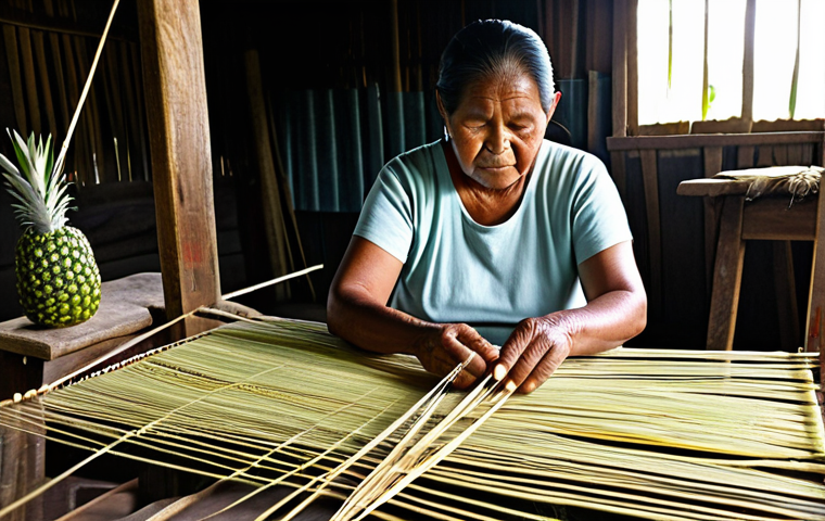 A professional photograph of an elder Marshallese woman, wearing modest, fully clothed traditional Marshallese attire (Kọọle), skillfully engaged in weaving intricate patterns on a traditional backstrap loom. Raw pandan and pineapple leaf fibers are visible nearby. The setting is a rustic, sunlit weaving workshop, emphasizing the quiet, focused atmosphere and natural light highlighting the textures of the fibers and hands. Natural pose, perfect anatomy, correct proportions, well-formed hands, proper finger count, natural body proportions, safe for work, appropriate content, fully clothed, modest clothing, professional, family-friendly.
