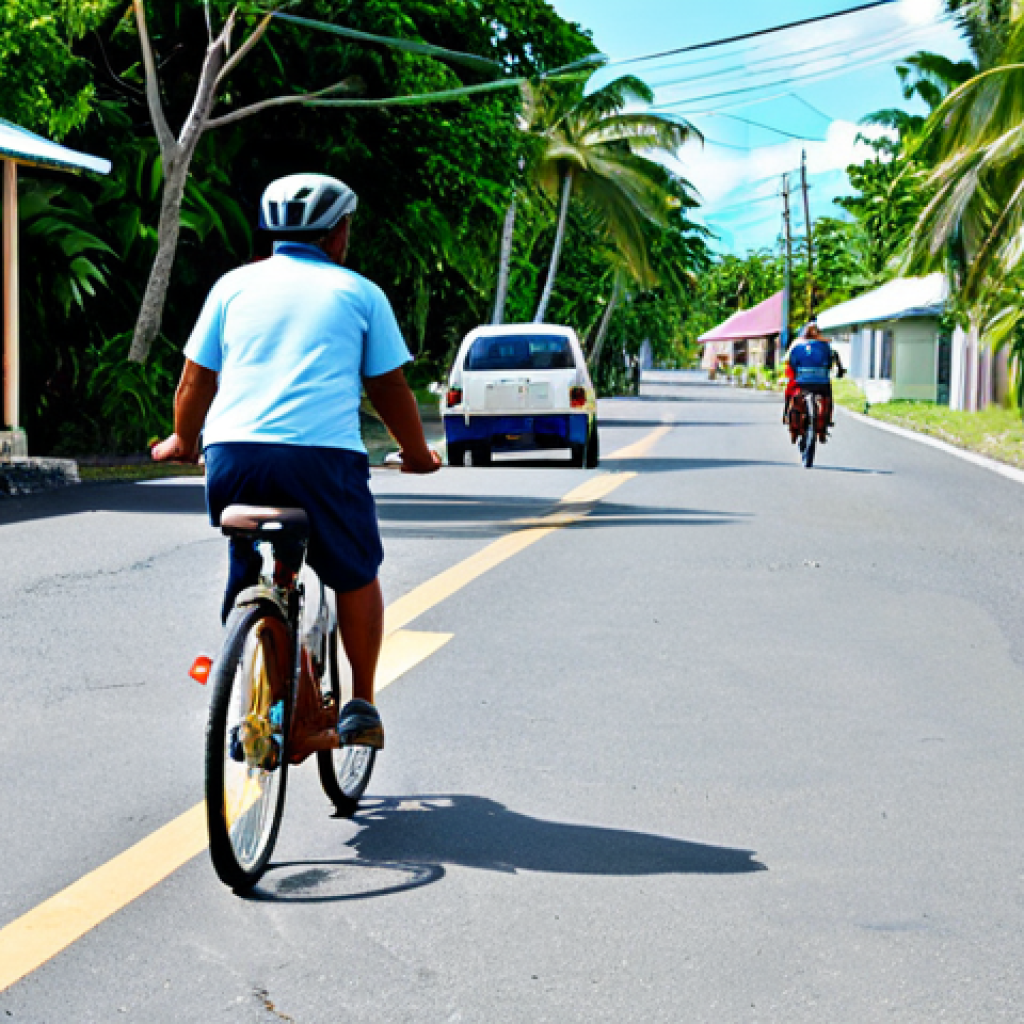 Safe Driving Practices in Majuro**

"A cautious driver in Majuro, fully clothed and wearing appropriate attire, carefully navigates a paved road with occasional potholes. The scene includes pedestrians and cyclists sharing the road safely. Background features typical Majuro scenery - modest buildings and tropical vegetation. Safe for work, appropriate content, professional, perfect anatomy, natural proportions, well-formed hands, proper finger count, bright daylight."

**