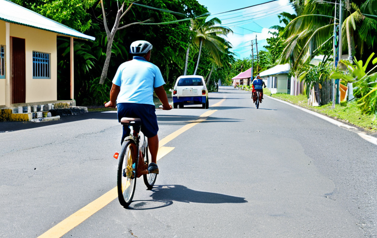 Safe Driving Practices in Majuro**
"A cautious driver in Majuro, fully clothed and wearing appropriate attire, carefully navigates a paved road with occasional potholes. The scene includes pedestrians and cyclists sharing the road safely. Background features typical Majuro scenery - modest buildings and tropical vegetation. Safe for work, appropriate content, professional, perfect anatomy, natural proportions, well-formed hands, proper finger count, bright daylight."
**