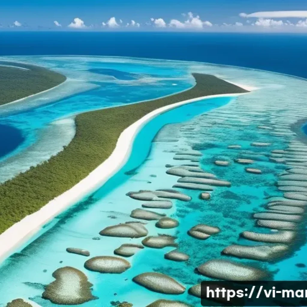 마셜 제도와 태평양 다른 섬 비교 - A panoramic aerial view of the Marshall Islands&rsquo; flat coral atolls scattered across the vast central...