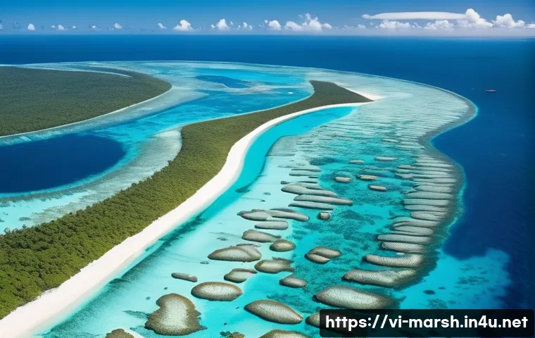 마셜 제도와 태평양 다른 섬 비교 - A panoramic aerial view of the Marshall Islands&rsquo; flat coral atolls scattered across the vast central...