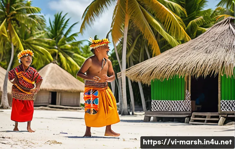 마셜 제도 언어와 방언 - A vibrant cultural scene on the Marshall Islands featuring a diverse group of people wearing traditi...