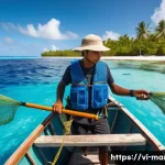 Home 20 마셜 제도에서의 수산업과 지속 가능성 - A young sustainable fisherman on a small boat in the Marshall Islands, using eco-friendly large mesh...