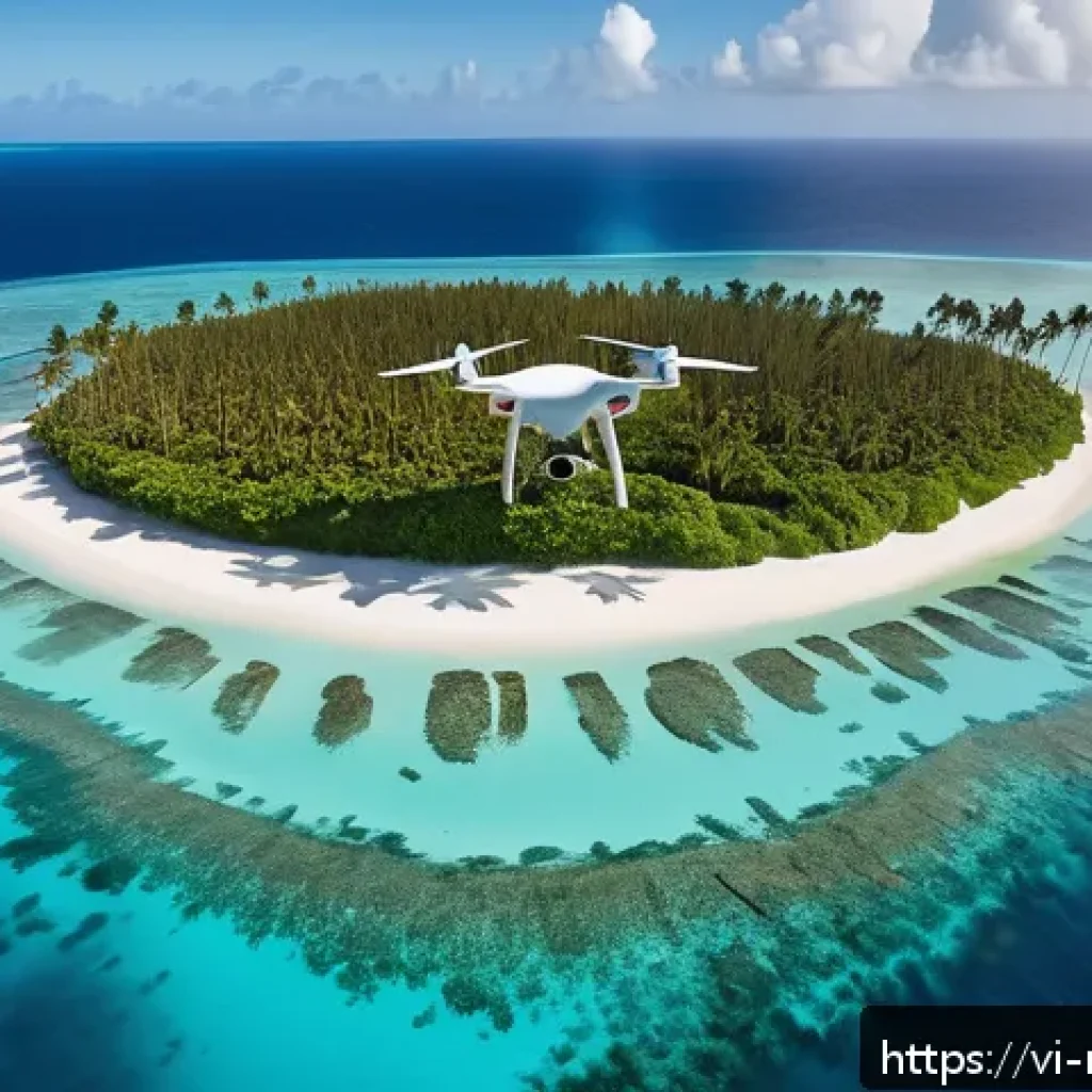 마셜 제도에서 드론 촬영 가능 여부 - A vibrant tropical island scene in the Marshall Islands featuring a small drone flying below 120 met...