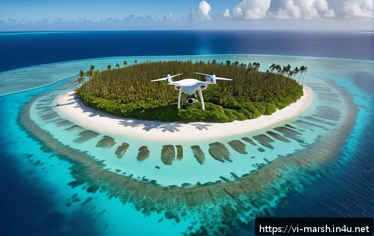 마셜 제도에서 드론 촬영 가능 여부 - A vibrant tropical island scene in the Marshall Islands featuring a small drone flying below 120 met...