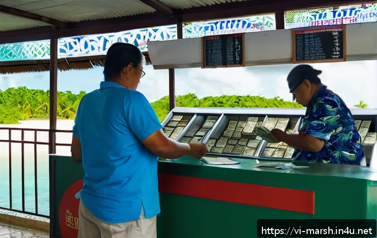 마셜 제도에서의 금융 및 환전 정보 - A bustling local currency exchange booth in Majuro, Marshall Islands, showing a professional clerk c...