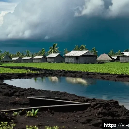 Home 16 마셜 제도 핵 실험 역사 - A detailed scene of a Marshall Islands local village devastated by nuclear testing, showing contamin...