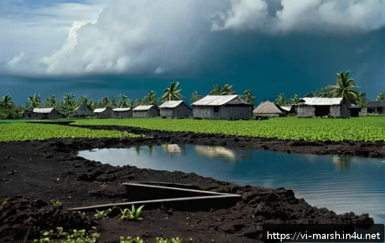 마셜 제도 핵 실험 역사 - A detailed scene of a Marshall Islands local village devastated by nuclear testing, showing contamin...