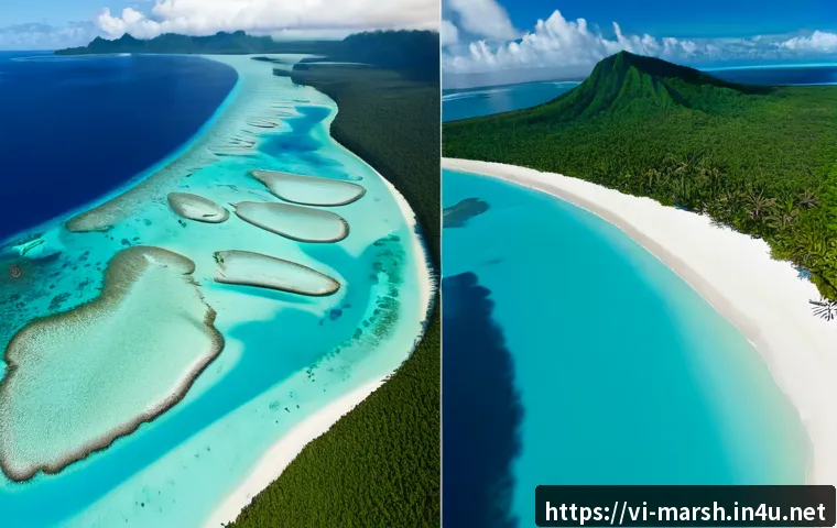 Home 17 마셜 제도와 미크로네시아 다른 지역과 비교 - Photorealistic aerial split-scene comparison of a low, narrow Marshall Islands coral atoll with brig...